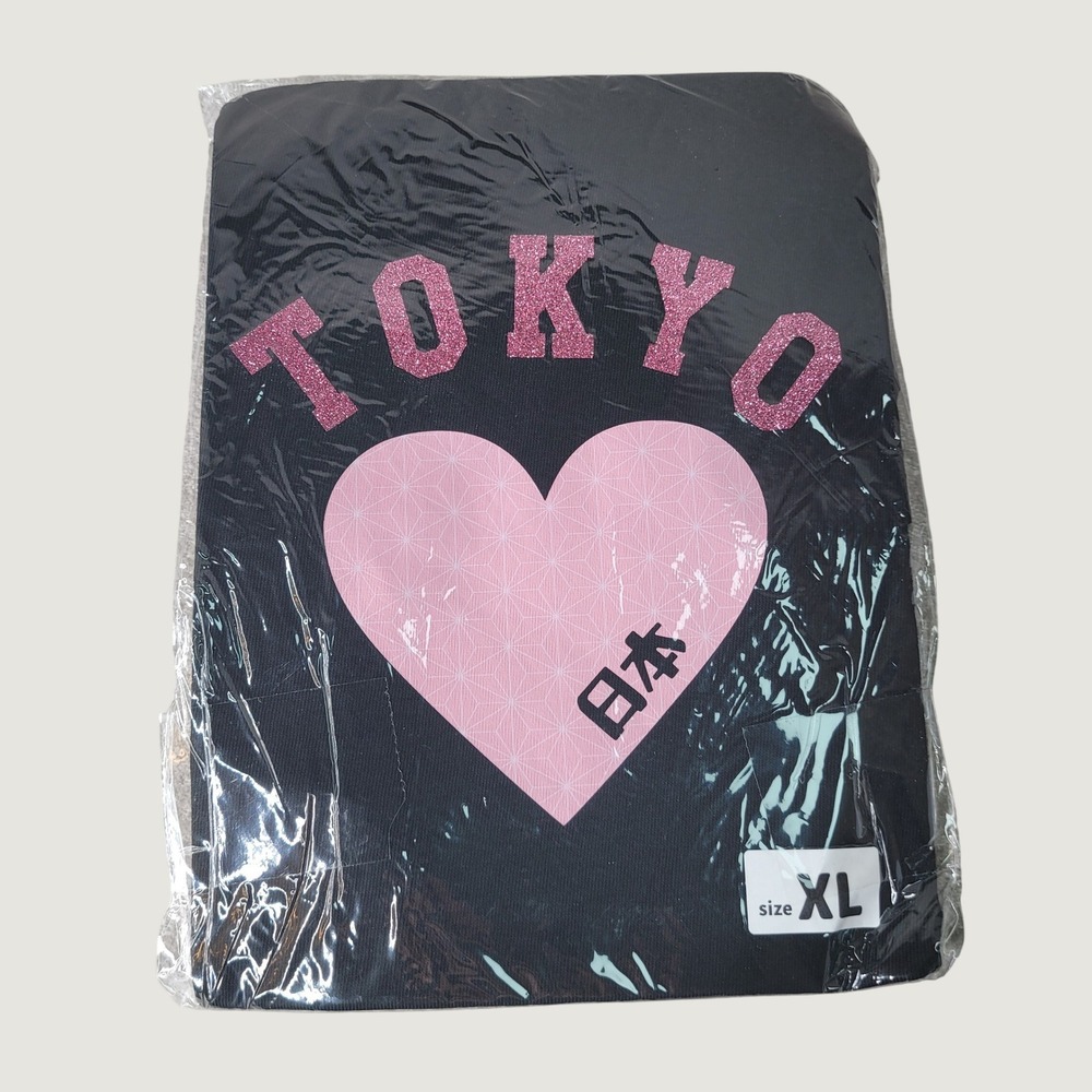 Printstar Tokyo Japan Heart Graphic T-Shirt Black Pink Glitter XL 085-CVT New